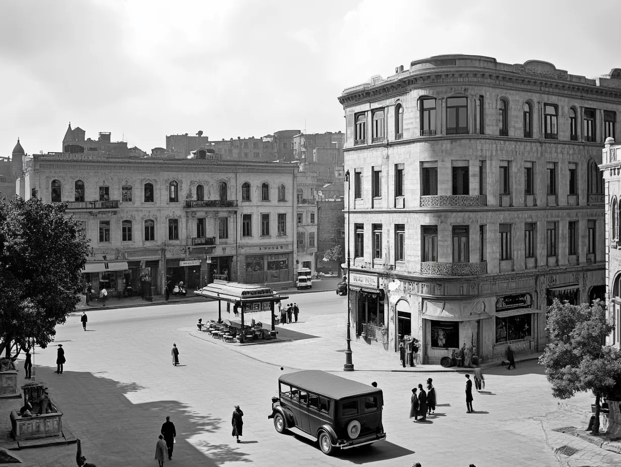 A_black_and_white_photo_of_the_central_square_in_Baku_Azerba, variant 1