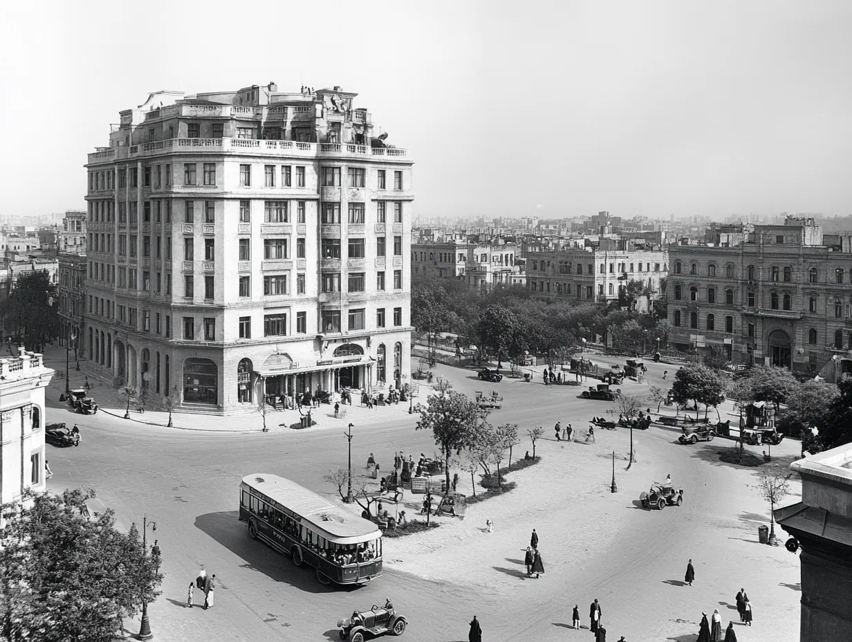 A_black_and_white_photo_of_the_central_square_in_Baku_Azerba, variant 2