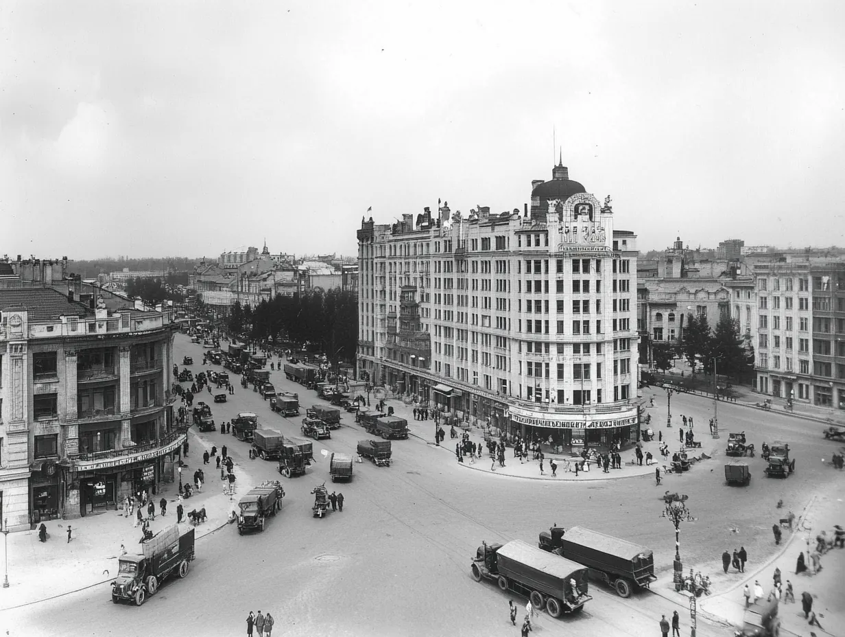A_black_and_white_photograph_of_the_city_center_in_Minsk_wit, variant 2