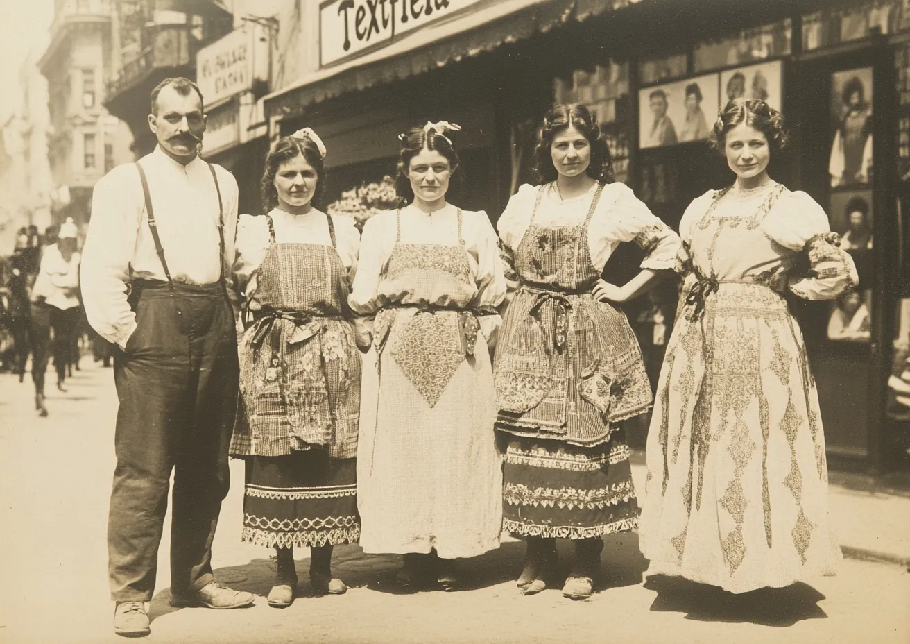 An_old_photo_shows_people_in_traditional_costumes_on_the_str, variant 0